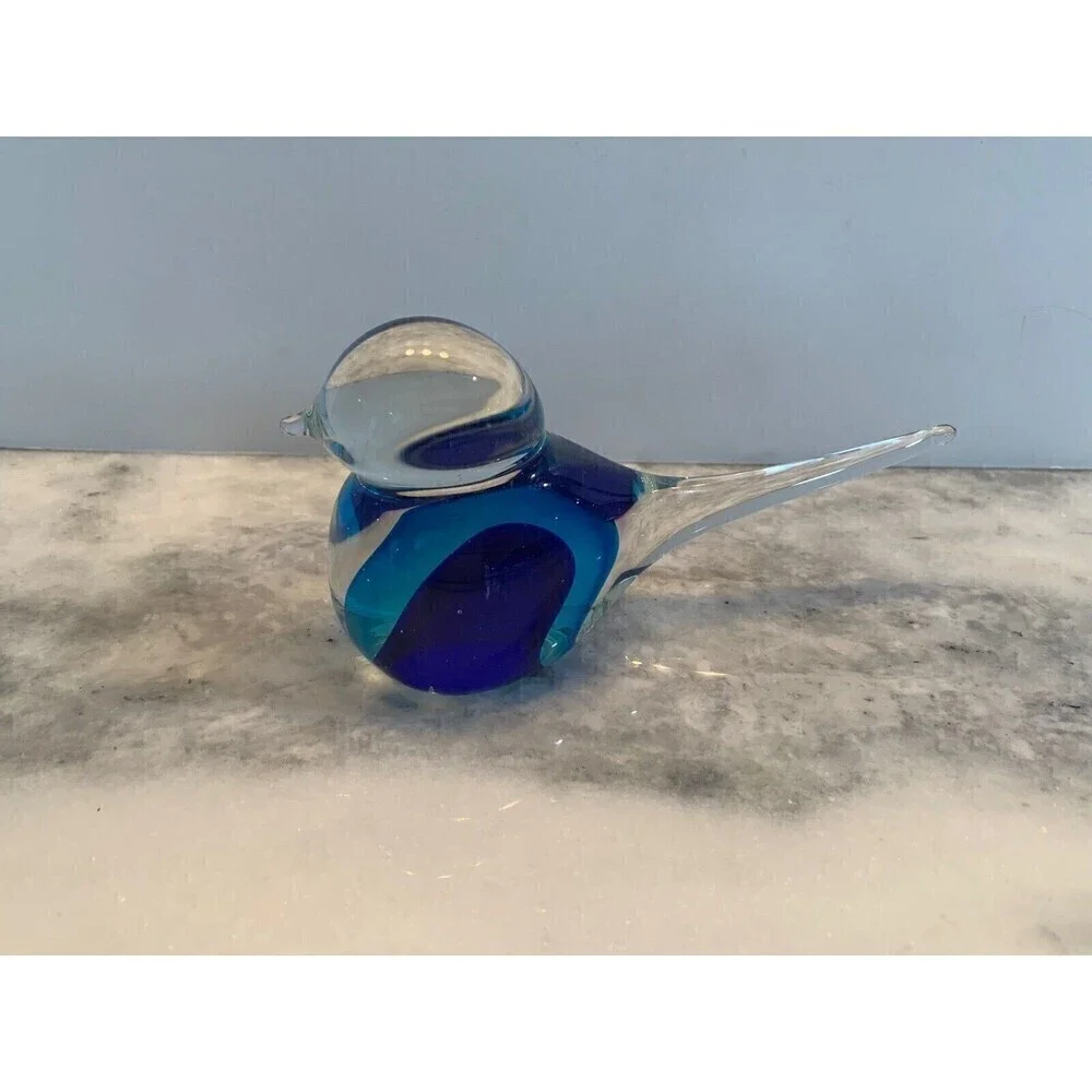 Art Glass Bluebird Figurine Paperweight Clear Outside Blue And Black Inside